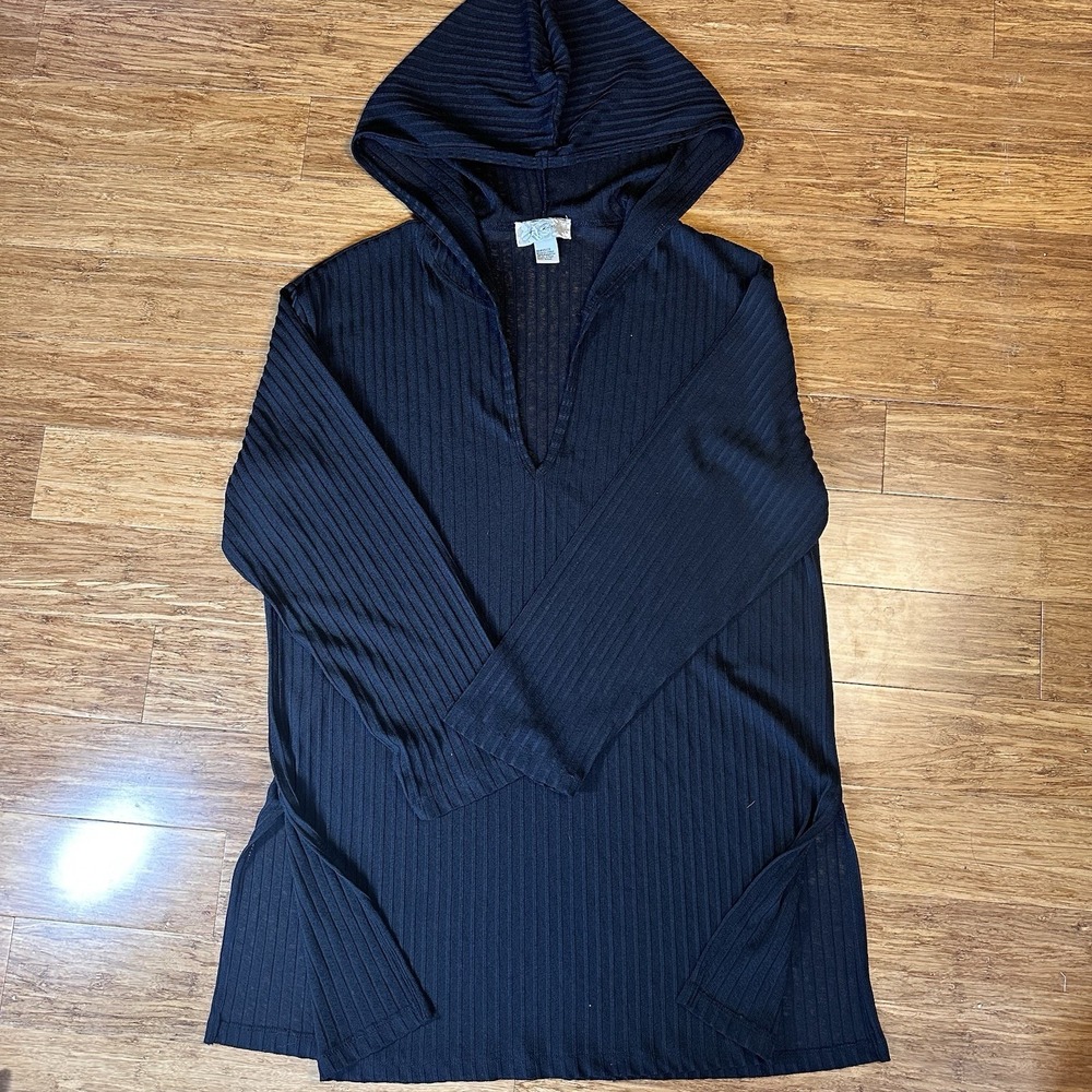J Valdi Black Ribbed V Neck Hooded Tunic swimsuit coverup Dress Long Sleeve Sm